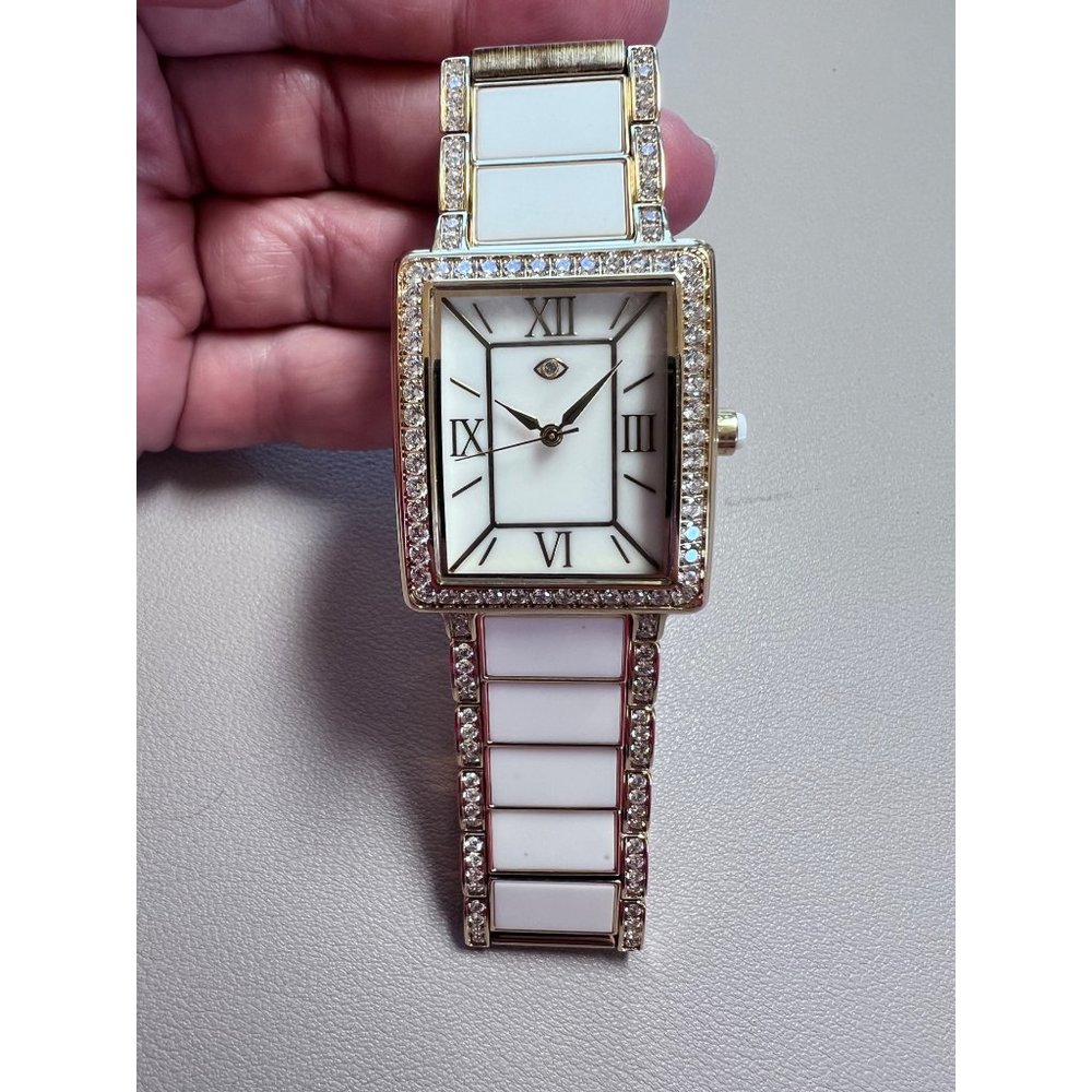 NWOT Rarities Goldtone Stainless Steel White Agate Inlay Bracelet Watch , Large